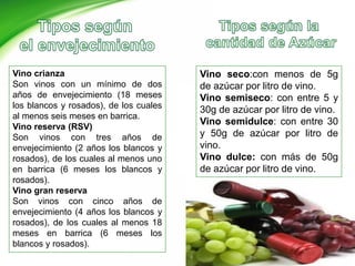 Vino crianza
Son vinos con un mínimo de dos
años de envejecimiento (18 meses
los blancos y rosados), de los cuales
al menos seis meses en barrica.
Vino reserva (RSV)
Son vinos con tres años de
envejecimiento (2 años los blancos y
rosados), de los cuales al menos uno
en barrica (6 meses los blancos y
rosados).
Vino gran reserva
Son vinos con cinco años de
envejecimiento (4 años los blancos y
rosados), de los cuales al menos 18
meses en barrica (6 meses los
blancos y rosados).
Vino seco:con menos de 5g
de azúcar por litro de vino.
Vino semiseco: con entre 5 y
30g de azúcar por litro de vino.
Vino semidulce: con entre 30
y 50g de azúcar por litro de
vino.
Vino dulce: con más de 50g
de azúcar por litro de vino.
 