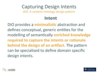 Capturing	
  Design	
  Intents	
  
DIO:	
  A	
  content	
  ontology	
  design	
  pa7ern	
  
Intent	
  
DIO	
  provides	
  ...