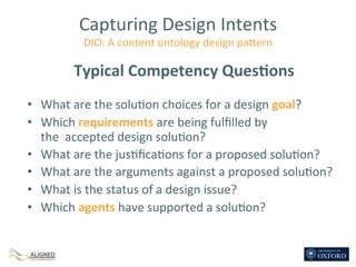 Capturing	
  Design	
  Intents	
  
DIO:	
  A	
  content	
  ontology	
  design	
  pa7ern	
  
	
  
Typical	
  Competency	
  ...
