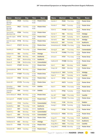 34th International Symposium on Halogenated Persistent Organic Pollutants 
Name Abstract Day Time Room Name Abstract Day Time Room 
August 31st - September 5th 2014 MADRID · SPAIN 103 
García- 
Bermejo 
Pérez A 
P820 Tuesday 17:20- 
18:30 
Poster Area 
García- 
Bermejo 
Pérez A 
P821 Tuesday 17:20- 
18:30 
Poster Area 
Garcinuño- 
Martínez R.M 
P596 Tuesday 17:20- 
18:30 
Poster Area 
Garrido López 
M.A 
P775 Monday 17:20- 
18:30 
Poster Area 
Garrido López 
M.A 
P776 Monday 17:20- 
18:30 
Poster Area 
Gauss C P1217 Monday 17:20- 
18:30 
Poster Area 
Gavilán J.F P962 Thursday 17:30- 
18:30 
Poster Area 
Gebbink W 762 Tuesday 16:00 Hidalgo 
Geng D 1292 Monday 14:05 Auditorio 
Gevao B 727 Wednesday 11:25 Auditorio 
Gevao B 728 Wednesday 11:25 Comendador 
Gharbi S P1257 Monday 17:20- 
18:30 
Poster Area 
Gnanasekaran 
D 
P818 Monday 17:20- 
18:30 
Poster Area 
Gómara B P1007 Thursday 17:30- 
18:30 
Poster Area 
Gómez M P592 Monday 17:20- 
18:30 
Poster Area 
Gomis M.I P1175 Thursday 17:30- 
18:30 
Poster Area 
González- 
Fernández D 
1083 Tuesday 16:00 Doblón 
González- 
Gaya B 
999 Tuesday 17:00 Doblón 
Gorst-Allman P P633 Monday 17:20- 
18:30 
Poster Area 
Gorczyca D P1276 Tuesday 17:20- 
18:30 
Poster Area 
Grimalt J 1112 Tuesday 17:00 Comendador 
Guadaño J 885 Thursday 13:35 Auditorio 
Gusev A 997 Tuesday 14:10 Auditorio 
Haedrich J 785 Monday 10:45 Comendador 
Haijun Z 684 Thursday 16:05 Comendador 
Hallikainen A P1000 Thursday 17:30- 
18:30 
Poster Area 
Hallikainen A 662 Monday 12:25 Hidalgo 
Hanari N P585 Thursday 17:30- 
18:30 
Poster Area 
Hanazato M P971 Tuesday 17:20- 
18:30 
Poster Area 
Harden F P539 Thursday 17:30- 
18:30 
Poster Area 
Harden F P941 Tuesday 17:20- 
18:30 
Poster Area 
Harel G P1030 Tuesday 17:20- 
18:30 
Poster Area 
Harner T 786 Monday 15:05 Hidalgo 
Harner T 1147 Tuesday 10:15 Auditorio 
Harrad S 986 Wednesday 9:45 Hidalgo 
Hedlund B 587 Tuesday 13:30 Auditorio 
Henkelmann B P1028 Thursday 17:30- 
18:30 
Poster Area 
Hennig B 697 Thursday 10:25 Comendador 
Hirano M P1004 Thursday 17:30- 
18:30 
Poster Area 
Hirose A P757 Thursday 17:30- 
18:30 
Poster Area 
Hofland W P1088 Monday 17:20- 
18:30 
Poster Area 
Hoh E 862 Monday 16:00 Doblón 
Hong S.M P591 Monday 17:20- 
18:30 
Poster Area 
Hoogenboom R 1063 Tuesday 10:55 Hidalgo 
Hope D 931 Tuesday 14:10 Castilla 
Hori H P792 Monday 17:20- 
18:30 
Poster Area 
Hori T P972 Tuesday 17:20- 
18:30 
Poster Area 
Horii Y P910 Thursday 17:30- 
18:30 
Poster Area 
Hsu P.C P702 Tuesday 17:20- 
18:30 
Poster Area 
Hsu W.T 1008 Thursday 10:25 Castilla 
Hsu W.T P1010 Thursday 17:30- 
18:30 
Poster Area 
Huang J 1139 Monday 11:25 Doblón 
Huang Y P799 Tuesday 17:20- 
18:30 
Poster Area 
Huang Y P736 Thursday 17:30- 
18:30 
Poster Area 
Hühnerfuss H P806 Monday 17:20- 
18:30 
Poster Area 
Hung P.C 1142 Thursday 15:45 Auditorio 
Hung P.C 1143 Thursday 16:05 Auditorio 
Hung Wei C 1003 Thursday 10:45 Castilla 
Hung Wei C P1012 Monday 17:20- 
18:30 
Poster Area 
 