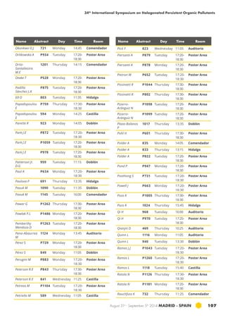 34th International Symposium on Halogenated Persistent Organic Pollutants 
Name Abstract Day Time Room Name Abstract Day Time Room 
August 31st - September 5th 2014 MADRID · SPAIN 107 
Okonkwo O.J 721 Monday 14:45 Comendador 
Orlikowska A P934 Tuesday 17:20- 
18:30 
Poster Area 
Ortiz- 
Santaliestra 
M.E 
1201 Thursday 14:15 Comendador 
Otake T P528 Monday 17:20- 
18:30 
Poster Area 
Padilla 
Sánchez J.A 
P875 Tuesday 17:20- 
18:30 
Poster Area 
69 O 803 Tuesday 11:35 Hidalgo 
Papadopoulou 
P759 Thursday 17:30- 
E 
18:30 
Poster Area 
Papadopoulou 
E 
594 Monday 14:25 Castilla 
Parette R 923 Monday 14:05 Doblón 
Park J.E P872 Tuesday 17:20- 
18:30 
Poster Area 
Park J.E P1059 Tuesday 17:20- 
18:30 
Poster Area 
Park J.E P978 Tuesday 17:20- 
18:30 
Poster Area 
Patterson Jr. 
D.G 
959 Tuesday 11:15 Doblón 
Paul A P634 Monday 17:20- 
18:30 
Poster Area 
Pavlova P 691 Thursday 13:35 Hidalgo 
Pavuk M 1090 Tuesday 11:35 Doblón 
Pavuk M 1145 Tuesday 16:00 Comendador 
Pawar G P1262 Thursday 17:30- 
18:30 
Poster Area 
Pawlak P.L P1486 Monday 17:20- 
18:30 
Poster Area 
Pemberthy 
Mendoza D 
P1263 Tuesday 17:20- 
18:30 
Poster Area 
Pena-Abaurrea 
M 
1124 Monday 13:45 Auditorio 
Pérez S P729 Monday 17:20- 
18:30 
Poster Area 
Pérez S 849 Monday 11:05 Doblón 
Perugini M P883 Monday 17:20- 
18:30 
Poster Area 
Peterson R.E P843 Thursday 17:30- 
18:30 
Poster Area 
Peterson R.E 841 Wednesday 11:25 Castilla 
Petreas M P1104 Tuesday 17:20- 
18:30 
Poster Area 
Petriello M 589 Wednesday 11:05 Castilla 
Picó Y 823 Wednesday 11:05 Auditorio 
Piersanti A P879 Tuesday 17:20- 
18:30 
Poster Area 
Piersanti A P878 Monday 17:20- 
18:30 
Poster Area 
Pietron W P652 Tuesday 17:20- 
18:30 
Poster Area 
Pissinatti R P1044 Thursday 17:30- 
18:30 
Poster Area 
Pissinatti R P802 Thursday 17:30- 
18:30 
Poster Area 
Pizarro- 
Aránguiz N 
P1098 Tuesday 17:20- 
18:30 
Poster Area 
Pizarro- 
Aránguiz N 
P1099 Tuesday 17:20- 
18:30 
Poster Area 
Plaza-Bolanos 
P 
1017 Thursday 13:35 Doblón 
Pohl H P601 Thursday 17:30- 
18:30 
Poster Area 
Polder A 835 Monday 14:05 Comendador 
Polder A 833 Thursday 13:15 Hidalgo 
Polder A P822 Tuesday 17:20- 
18:30 
Poster Area 
Pond P P947 Monday 17:20- 
18:30 
Poster Area 
Poothong S P731 Tuesday 17:20- 
18:30 
Poster Area 
Powell J P663 Monday 17:20- 
18:30 
Poster Area 
Pozo K P1005 Thursday 17:30- 
18:30 
Poster Area 
Pozo K 1024 Thursday 15:45 Hidalgo 
Qi H 968 Tuesday 16:00 Auditorio 
Qi H P970 Tuesday 17:20- 
18:30 
Poster Area 
Qianjin D 469 Thursday 10:25 Auditorio 
Quinn L 1116 Monday 11:05 Auditorio 
Quinn L 940 Tuesday 13:30 Doblón 
Ramos J.J P1043 Tuesday 17:20- 
18:30 
Poster Area 
Ramos L P1260 Tuesday 17:20- 
18:30 
Poster Area 
Ramos L 1118 Tuesday 15:40 Castilla 
Ratola N P1126 Thursday 17:30- 
18:30 
Poster Area 
Ratola N P1181 Monday 17:20- 
18:30 
Poster Area 
Rauchfuss K 732 Thursday 11:25 Comendador 
 