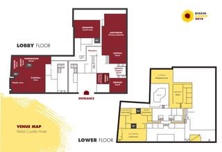 WC 
AUDITORIUM 
Plenary Sessions 
Lunch area Lunch area 
WC 
Lunch area 
Reception area 
Room 
Elevators 
EL ESCORIAL JARDÍN 
LOS TAPICES 
EL PRADO 
ARANJUEZ 
POOL 
LOWER FLOOR 
LOBBY FLOOR 
WC 
COMENDADOR 
VENUE MAP 
Meliá Castilla Hotel 
Elevators 
Exhibition 
Area 
Poster Area 
Technical 
Secretariat 
HIDALGO 
Room 
Room 
DOBLÓN 
Room 
ESCUDO 
Room 
Room 
CERVANTES 
Lunch area 
CASTILLA 
Room 
WC 
WC 
ENTRANCE 
Speakers’ 
Support 
Room 
TOLEDO 
Room 
 