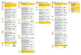 Monday 1 September 2014 
09:00 - 
09:30 Opening ceremony 
Auditorio 
09:30 - 
10:15 
Plenary session 
—Prof Joan Grimalt 
10:15 - 
10:45 Coffee break & exhibition 
10:45 - 
12:45 
New screening methods 
and novel instrumental 
techniques 
Auditorio 
Bioanalytical approaches for 
POPs detection Comendador 
Sustainable production 
and use Doblón 
Biomonitoring in humans I Castilla 
POPs in terrestrial and 
freshwater ecosystems Hidalgo 
12:45 - 
13:45 
Lunch & exhibition 
Lunch seminar presented by 
Agilent Technologies Escudo 
13:45 - 
15:25 
Multidimensional analytical 
techniques and other novel 
techniques 
Auditorio 
Unintentional formation 
of POPs Doblón 
POPs in developing 
countries Comendador 
Advances in passive 
sampling for air and water Hidalgo 
Biomonitoring in humans II Castilla 
15:25 - 
16:00 Coffee break & exhibition 
16:00 - 
17:20 
Multidimensional analytical 
techniques and other novel 
techniques 
Auditorio 
Halogenated natural 
products and chiral 
pollutants 
Doblón 
Is TBBPA safe? Hidalgo 
Food and feed. Evaluation of 
dietary intake I Castilla 
Exposure to POPs in 
Vietnam Comendador 
17:20 - 
18:30 Poster session 1 Poster Area 
19:30 - 
21:30 Welcome reception 
Supported by CIL 
Cecilio 
Rodríguez 
Gardens, 
Retiro Park 
Tuesday 2 September 2014 
08:30 - 
09:15 
Plenary session 
—Dr. Antonia Calafat Auditorio 
09:15 - 
09:55 Coffee break & exhibition 
09:55 - 
12:15 
Ten years of global 
monitoring under the 
Stockholm Convention on 
POPs: Trends, sources and 
transport modelling i 
Auditorio 
Industrial, occupational and 
accidental exposure Doblón 
Formation, inhibition and 
destruction of non dioxin-like 
compounds 
Comendador 
Occurrence in sediments, 
soils and water I Castilla 
Food and feed. Evaluation of 
dietary intake II Hidalgo 
12:15 - 
13:30 
Lunch & exhibition 
Lunch seminars presented 
by Bruker & Thermo 
Comendador 
& Escudo 
13:30 - 
15:10 
Ten years of global monitoring 
under the Stockholm 
Convention POPs: Trends, 
sources and transport 
modelling II 
Auditorio 
Innovative sampling 
strategies and sample 
preparation I 
Castilla 
Sources and emission 
inventories Hidalgo 
Risk assessment, 
management and 
Doblón 
communication 
Non-target and emerging 
contaminant analysis Comendador 
15:10 - 
15:40 Coffee break & exhibition 
15:40 - 
17:20 
Epidemiology and burden of 
disease Comendador 
Sources, transport, 
bioaccumulation and fate of 
legacy and emerging organic 
pollutants in the marine 
Doblón 
environment: From coastal 
regions to the global oceans 
Food and feed. Evaluation of 
dietary intake III Hidalgo 
Contamination of persistent 
toxic substances (PTS) in 
Asian countries 
Auditorio 
Innovative sampling 
strategies and sample 
preparation II 
Castilla 
17:20 - 
18:30 
Poster session 2 Sponsored by 
Pacific Rim Poster Area 
Wednesday 3 September 2014 
08:30 - 
09:15 Plenary session— 
Professors 
Barra/Giang/Heindrink 
Auditorio 
09:15 - 
09:45 Coffee break & exhibition 
09:45 - 
12:05 
POPs in marine 
ecosystems Doblón 
Toxicology and 
mechanisms I. 
Dioxins and dioxin-like 
chemicals 
Castilla 
Occurrence in sediments, 
soils and water II Auditorio 
Pseudo-POPs: Non 
persistent but persistently 
in the environment 
Comendador 
Indoor exposure Hidalgo 
12:30 - 
18:30 Symposium tours 
Thursday 4 September 2014 
08:30 - 
09:15 
Plenary session 
—Prof Jacob de Boer Auditorio 
09:15 - 
09:45 Coffee break & exhibition 
09:45 - 
12:05 
Formation, inhibition and 
destruction of PCDD/Fs I Auditorio 
Atmospheric levels, 
transport and deposition Castilla 
Regulatory aspects of POPs Hidalgo 
Integrating toxicology 
and epidemiology for risk 
assessment 
Comendador 
Modelling of environmental 
fate, transport and sources Doblón 
12:05 - 
13:15 
Lunch & exhibition 
Lunch seminar presented by 
Agilent Technologies Escudo 
13:15 - 
15:15 
Formation, inhibition and 
destruction of PCDD/Fs II Auditorio 
Biomarkers of exposure and 
effect. From individual to 
population level 
Comendador 
QA/QC, interlaboratory 
studies, reference materials Doblón 
Halogenated flame 
retardants in the 
environment from PBDEs to 
OPFRs and other emerging 
alternatives I 
Castilla 
POPs in remote areas I Hidalgo 
15:15 - 
15:45 Coffee break & exhibition 
15:45 - 
17:25 
Formation, inhibition and 
destruction of PCDD/Fs III Auditorio 
Toxicology and mechanisms 
II. Other POPs Comendador 
Food web studies. 
Bioaccumulation and 
Doblón 
biomagnification 
POPs in remote areas II Hidalgo 
Halogenated flame 
retardants in the 
environment from PBDEs to 
Castilla 
OPFRs and other emerging 
alternatives II 
17:30 - 
18:30 Poster session 3 Poster Area 
20:00 Gala dinner Casino de 
Madrid 
Friday 5 September 2014 
10:00 - 
12:00 
Summary and 
future outcomes. 
Students and 
mentors 
Auditorio 
12:00 Otto Hutzinger 
student awards 
12:15 Welcome to 
Dioxin 2015 
12:30 Closing remarks 
and farewell 
cocktail 
 