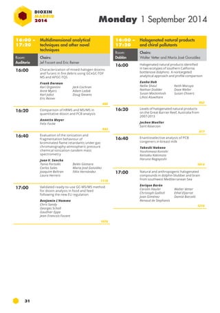 31 
Monday 1 September 2014 
16:00 – 
17:20 
Multidimensional analytical 
techniques and other novel 
techniques 
Room: 
Auditorio 
Chairs: 
Jef Focant and Eric Reiner 
16:00 Characterization of mixed-halogen dioxins 
and furans in fire debris using GCxGC-TOF 
MS and apgc-tqs 
Frank Dorman 
Kari Organtini 
Jack Cochran 
Anne Myers 
Adam Ladak 
Karl Jobst 
Doug Stevens 
Eric Reiner 
606 
16:20 Comparison of HRMS and MS/MS in 
quantitative dioxin and PCB analysis 
Annette Meyer 
Felix Focke 
844 
16:40 Evaluation of the ionization and 
fragmentation behaviour of 
brominated flame retardants under gas 
chromatography-atmospheric pressure 
chemical ionization-tandem mass 
spectrometry 
Juan V. Sancho 
Tania Portolés 
Carlos Sales 
Joaquim Beltran 
Laura Herrero 
Belén Gómara 
Maria José González 
Félix Hernández 
1119 
17:00 Validated-ready-to-use GC-MS/MS method 
for dioxin analysis in food and feed 
following the new EU regulation 
Benjamin L'Homme 
Chris Sandy 
Georges Scholl 
Gauthier Eppe 
Jean-Francois Focant 
1076 
16:00 – 
17:20 
Halogenated natural products 
and chiral pollutants 
Room: 
Doblón 
Chairs: 
Walter Vetter and María José González 
16:00 Halogenated natural products identified 
in two ecotypes of southern California 
bottlenose dolphins: A nontargeted 
analytical approach and profile comparison 
Eunha Hoh 
Nellie Shaul 
Keith Maruya 
Nathan Dodder 
Dave Weller 
Susan Mackintosh 
Susan Chivers 
Lihini Aluwihare 
862 
16:20 Levels of halogenated natural products 
on the Great Barrier Reef, Australia from 
2007-2013 
Jochen Mueller 
Sarit Kaserzon 
977 
16:40 Enantioselective analysis of PCB 
congeners in breast milk 
Takeshi Nakano 
Yosshimasa Konishi 
Kensaku Kakimoto 
Haruna Nagayoshi 
1014 
17:00 Natural and anthropogenic halogenated 
compounds in dolphin blubber and brain 
from southwest Mediterranean Sea 
Enrique Barón 
Carolin Hauler 
Walter Vetter 
Christoph Gallistl 
Ethel Eljarrat 
Joan Giménez 
Damià Barceló 
Renaud de Stephanis 
1216 
 