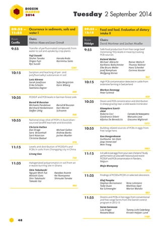 48 
Tuesday 2 September 2014 
09:55 – 
11:55 
Occurrence in sediments, soils and 
water I 
Room: 
Castilla 
Chairs: 
Mehran Alaee and Joan Grimalt 
9:55 Transfer of perfluorinated compounds from 
water to soil and uptake by crop plants 
Yuji Suzuki 
Shuhei Tanaka 
Shigeo Fujii 
Ryo Suzuki 
Haruka Ando 
Norimitsu Saito 
1297 
10:15 Sorption and leaching of per- and 
polyfluoroalkyl substances in soil 
Lutz Ahrens 
Sarah Josefsson 
Erika Schedin 
Swetlana Degner 
Sofia Bergström 
Karin Wiberg 
680 
10:35 PCDD/F and pcb levels in German forest soils 
Bernd M Bussian 
Michaela Pandelova 
Bernhard Henkelmann 
Steffen Uhlig 
Bernd M Bussian 
Karl-Werner 
Schramm 
846 
10:55 National snap-shot of POPs in Australian-sourced 
landfill leachate and biosolids 
Christie Gallen 
Dan Drage 
Sara Broomhall 
Sarit Kaserzon 
Christine Baduel 
Michael Gallen 
Andrew Banks 
Jochen Mueller 
974 
11:15 Levels and distribution of pcdd/fs and 
pcb s in soils from Chongqing city in china 
Lirong Gao 
744 
11:35 Halogenated polyaromatics in soil from an 
e-waste burning site in Ghana 
Shin Takahashi 
Nguyen Minh Tue 
Akitoshi Goto 
Shin Takahashi 
Takaaki Itai 
Kwadwo Asante 
Kei Nomiyama 
Shinsuke Tanabe 
994 
09:55 – 
12:15 
Food and feed. Evaluation of dietary 
intake II 
Room: 
Hidalgo 
Chairs: 
David Mortimer and Jochen Mueller 
9:55 Safe food production from free range beef 
minimizing TEQ-levels in meat by tracking 
PCB-sources 
Roland Weber 
Michael Albrecht 
Karlheinz Ballschmiter 
Elke Bruns-Weller 
Josef Kamphues 
Wolfgang Körner 
Rainer Malisch 
Thomas Nöltner 
Hans Schenkel 
Corinna Vossler 
942 
10:15 High PCB contamination detected in cattle from 
extensive farming in Switzerland 
Markus Zennegg 
Peter Schmid 
620 
10:35 Dioxin and PCB concentration and distribution 
in sheep grazing near a solid waste incinerator 
Giampiero Scorti-chini 
Roberta Ceci 
Gianfranco Diletti 
Alfonso De Benedictis 
Corrado De Notarpietro 
Manuela Leva 
Giacomo Migliorati 
1272 
10:55 Building related sources of PCBs in eggs from 
free range hens 
Ron Hoogenboom 
Guillaume ten Dam 
Jaap Immerzeel 
Wim Traag 
1063 
11:15 Is it safe to eat eggs from your own chickens? Study 
performed in an area with historical and recent 
PCDD/F and PCB contamination in Flanders, 
Belgium 
Maja Mampaey 
797 
11:35 Findings of PCDDs/PCDFs in selected oleoresins 
Olaf Paepke 
Stephan Bornemann 
Taike Duan 
Kai Schmengler 
Nina Lohmann 
Matthias Opel 
Marion Mandix 
803 
11:55 Dioxins and PCBs in hen eggs from conventional 
and free range farms from the Danish control 
program in 2012-13 
Soren Sorensen 
Lulu Krüger 
Rossana Bossi 
Tommy Licht Cederberg 
Kirsten Haljaer Lund 
1160 
 
