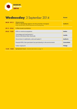 34th International Symposium on Halogenated Persistent Organic Pollutants 
Wednesday 3 September 2014 Room 
August 31st - September 5th 2014 MADRID · SPAIN 67 
08:30 - 09:15 Plenary session 
POPs in developing regions: Are the priorities changing? 
Profs. Ricardo Barra, Hindrik Bouwman and Guibing Jiang 
Auditorio 
09:15 - 09:45 Coffee break & exhibition 
09:45 - 12:05 POPs in marine ecosystems Doblón 
Toxicology and mechanisms I 
Dioxins and dioxin-like chemicals Castilla 
Occurrence in sediments, soils and water II Auditorio 
Pseudo-POPs: Non persistent but persistently in the environment Comendador 
Indoor exposure Hidalgo 
12:30 - 18:30 Symposium tours - Detailed information on page 15 
 