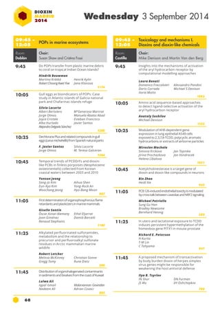 Wednesday 3 September 2014 
09:45 – 
12:05 POPs in marine ecosystems 
Room: 
Doblón 
68 
Chair: 
Susan Shaw and Cristina Fossi 
9:45 Do POPs transfer from plastic marine debris 
to coral on tropical Indian Ocean Islands? 
Hindrik Bouwman 
Martina Krátká 
Henrik Kylin 
Robert Choong Kwet Yive 
Jana Klanova 
1174 
10:05 Gull eggs as bioindicators of POPs: Case 
study in Atlantic islands of Galicia national 
park and Chafarinas islands refuge 
Silvia Lacorte 
Albert Bertolero 
Jorge Olmos 
Joyce Cristale 
Alba Hurtado 
Alejandro Delgado Sánchez 
MªGenerosa Martrat 
Manuela Ábalos Abad 
Esteban Francisco 
Javier Santos 
1200 
10:25 Dechlorane Plus and related compounds in gull 
eggs (Larus michahellis) from Spanish natural parks 
F. Javier Santos 
Silvia Lacorte 
Jorge Olmos 
M. Teresa Galceran 
1264 
10:45 Temporal trends of PCDD/Fs and dioxin-like 
pcbs in finless porpoises (Neophocaena 
asiaeorientalis) collected from Korean 
coastal waters between 2003 and 2010 
Yunsun Jeong 
Sang-Jo Kim 
Aihua Shen 
Eun-Kyo Kim 
Yong-Rock An 
Woochang Jeong 
Hyo-Bang Moon 
907 
11:05 First determination of organophosphorous flame 
retardants and plasticizers in marine mammals 
Giselle Santín 
Òscar Aznar-Alemany 
Ethel Eljarrat 
Joan Giménez 
Damià Barceló 
Renaud Stephanis 
1180 
11:25 Alkylated perfluorinated sulfonamides, 
metabolism and the relationship to 
precursor and perfluoroalkyl sulfonate 
residues in Arctic mammalian marine 
wildlife 
Robert Letcher 
Melissa McKinney 
Christian Sonne 
Gregg Tomy 
Rune Dietz 
590 
11:45 Distribution of organohalogenated contaminants 
in sediments and bivalves from the coast of Kuwait 
Lulwa Ali 
Iqpal Ismail 
Nadeem Ali 
Malarvannan Govindan 
Adrian Covaci 
893 
09:45 – 
12:05 
Toxicology and mechanisms I. 
Dioxins and dioxin-like chemicals 
Room: 
Castilla 
Chair: 
Mike Denison and Martin Van den Berg 
9:45 Insights into the mechanisms of activation 
of the aryl hydrocarbon receptor by 
computational modelling approaches 
Laura Bonati 
Domenico Fraccalvieri 
Dario Corrada 
Ilaria Motto 
Alessandro Pandini 
Michael S Denison 
1093 
10:05 Amino acid sequence-based approaches 
to detect ligand-selective activation of the 
aryl hydrocarbon receptor 
Anatoly Soshilov 
Michael Denison 
1125 
10:25 Modulation of AhR-dependent gene 
expression in lung epithelial A549 cells 
exposed to 2,3,7,8-TCDD, polycyclic aromatic 
hydrocarbons or extracts of airborne particles 
Miroslav Machala 
Simona Krckova 
Jan Topinka 
Jirina Prochazkova 
Jan Vondracek 
Helena Libalova 
1051 
10:45 Acetylcholinesterase is a target gene of 
dioxin and dioxin like compounds in neurons 
Bin Zhao 
Heidi Xie 
945 
11:05 PCB 126-induced endothelial toxicity is modulated 
by cross-talk between caveolae and NRF2 signaling 
Michael Petriello 
Sung Gu Han 
Bradley Newsome 
Bernhard Hennig 
589 
11:25 In utero and lactational exposure to TCDD 
induces persistent hypermethylation of the 
homeobox gene PITX1 in mouse prostate 
Richard E. Peterson 
H Kurita 
T-M Lin 
C Tohyama 
841 
11:45 A proposed mechanism of transactivation 
by body burden dioxin of herpes simplex 
virus genes might be responsible for 
weakening the host antiviral defense 
Ilya B. Tsyrlov 
IN Shur 
DN Furman 
JS Wu 
DY Oshchepkov 
708 
 