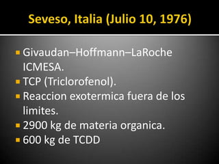  Givaudan–Hoffmann–LaRoche
  ICMESA.
 TCP (Triclorofenol).
 Reaccion exotermica fuera de los
  limites.
 2900 kg de materia organica.
 600 kg de TCDD
 
