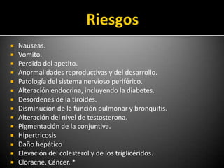  Nauseas.
 Vomito.
 Perdida del apetito.
 Anormalidades reproductivas y del desarrollo.
 Patología del sistema nervioso periférico.
 Alteración endocrina, incluyendo la diabetes.
 Desordenes de la tiroides.
 Disminución de la función pulmonar y bronquitis.
 Alteración del nivel de testosterona.
 Pigmentación de la conjuntiva.
 Hipertricosis
 Daño hepático
 Elevación del colesterol y de los triglicéridos.
 Cloracne, Cáncer. *
 