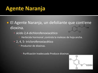    El Agente Naranja, un defoliante que contiene
    dioxina.
     ▪ ácido 2,4-dichlorofenoxiacético
          Herbicida hormonal ,controla la malezas de hoja ancha.
     ▪ 2, 4, 5- triclorofenoxiacético
          Productor de dioxinas.

           Purificación Inadecuada Produce dioxinas
 