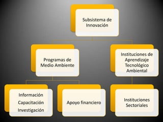 Subsistema de
                             Innovación




                                            Instituciones de
            Programas de                      Aprendizaje
           Medio Ambiente                     Tecnológico
                                               Ambiental



Información
                                             Instituciones
Capacitación         Apoyo financiero
                                              Sectoriales
Investigación
 