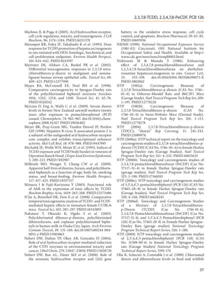 2,3,7,8-TCDD, 2,3,4,7,8-PeCDF, PCB 126


Marlowe JL & Puga A (2005). Aryl hydrocarbon receptor,           battery in the oxidative stress response, cell cycle
  cell cycle regulation, toxicity, and tumorigenesis. J Cell     control, and apoptosis. Biochem Pharmacol, 59: 65–85.
  Biochem, 96: 1174–1184. PMID:16211578                          PMID:10605936
Maronpot RR, Foley JF, Takahashi K et al. (1993). Dose         NIOSH (1990). National Occupational Exposure Survey
  response for TCDD promotion of hepatocarcinogenesis            (1981-83). Cincinnati, OH: National Institute for
  in rats initiated with DEN: histologic, biochemical, and       Occupational Safety and Health. Available at http://
  cell proliferation endpoints. Environ Health Perspect,         www.cdc.gov/noes/noes3/empl0003.html
  101: 634–642. PMID:8143597                                   Nishizumi M & Masuda Y (1986). Enhancing
Martinez JM, Afshari CA, Bushel PR et  al. (2002).               effect of 2,3,4,7,8-pentachlorodibenzofuran and
  Differential toxicogenomic responses to 2,3,7,8-tetra-         1,2,3,4,7,8-hexachlorodibenzofuran on diethylnit-
  chlorodibenzo-p-dioxin in malignant and nonma-                 rosamine hepatocarcinogenesis in rats. Cancer Lett,
  lignant human airway epithelial cells. Toxicol Sci, 69:        33:      333–339.     doi:10.1016/0304-3835(86)90073-X
  409–423. PMID:12377990                                         PMID:3802062
Mayes BA, McConnell EE, Neal BH et  al. (1998).                NTP       (1982a).     Carcinogenesis       Bioassay    of
  Comparative carcinogenicity in Sprague-Dawley rats             2,3,7,8-Tetrachlorodibenzo-p-dioxin (CAS No. 1746–
  of the polychlorinated biphenyl mixtures Aroclors              01–6) in Osborne-Mendel Rats and B6C3F1 Mice
  1016, 1242, 1254, and 1260. Toxicol Sci, 41: 62–76.            (Gavage Study). Natl Toxicol Program Tech Rep Ser, 209:
  PMID:9520342                                                   1–195. PMID:12778226
McLean D, Eng A, Walls C et  al. (2009). Serum dioxin          NTP       (1982b).     Carcinogenesis       Bioassay    of
  levels in former New Zealand sawmill workers twenty            2,3,7,8-Tetrachlorodibenzo-p-dioxin         (CAS     No.
  years after exposure to pentachlorophenol (PCP)                1746–01–6) in Swiss-Webster Mice (Dermal Study).
  ceased. Chemosphere, 74: 962–967. doi:10.1016/j.chem-          Natl Toxicol Program Tech Rep Ser, 201: 1–113.
  osphere.2008.10.017 PMID:19036402                              PMID:12778178
Meyer BK, Pray-Grant MG, Vanden Heuvel JP, Perdew              NTP       (2004).     2,3,7,8-Tetrachlorodibenzo-p-dioxin
  GH (1998). Hepatitis B virus X-associated protein 2 is         (TDCC); “dioxin” Rep Carcinog, 11: 241–243.
  a subunit of the unliganded aryl hydrocarbon receptor          PMID:21089974.
  core complex and exhibits transcriptional enhancer           NTP (2006a). NTP technical report on the toxicology and
  activity. Mol Cell Biol, 18: 978–988. PMID:9447995             carcinogenesis studies of 2,3,7,8-tetrachlorodibenzo-p-
Michalek JE, Wolfe WH, Miner JC et al. (1995). Indices of        dioxin (TCDD) (CAS No. 1746–01–6) in female Harlan
  TCDD exposure and TCDD body burden in veterans of              Sprague-Dawley rats (Gavage Studies). Natl Toxicol
  Operation Ranch Hand. J Expo Anal Environ Epidemiol,           Program Tech Rep Ser, 521: 4–232. PMID:16835633
  5: 209–223. PMID:7492907                                     NTP (2006b). Toxicology and carcinogenesis studies of
Milbrath MO, Wenger Y, Chang CW et  al. (2009).                  2,3,4,7,8-pentachlorodibenzofuran (PeCDF) (Cas No.
  Apparent half-lives of dioxins, furans, and polychlorin-       57117–31–4) in female Harlan Sprague-Dawley rats
  ated biphenyls as a function of age, body fat, smoking         (gavage studies). Natl Toxicol Program Tech Rep Ser,
  status, and breast-feeding. Environ Health Perspect,           525: 1–198. PMID:17160103
  117: 417–425. PMID:19337517                                  NTP (2006c). NTP toxicology and carcinogenesis studies
Mimura J & Fujii-Kuriyama Y (2003). Functional role              of 3,3′,4,4′,5-pentachlorobiphenyl (PCB 126) (CAS No.
  of AhR in the expression of toxic effects by TCDD.             57465–28–8) in female Harlan Sprague-Dawley rats
  Biochim Biophys Acta, 1619: 263–268. PMID:12573486             (Gavage Studies). Natl Toxicol Program Tech Rep Ser,
N’Jai A, Boverhof DR, Dere E et al. (2008). Comparative          520: 4–246. PMID:16628245
  temporal toxicogenomic analysis of TCDD- and TCDF-           NTP (2006d). Toxicology and Carcinogenesis Studies
  mediated hepatic effects in immature female C57BL/6            of a Mixture of 2,3,7,8-Tetrachlorodibenzo-
  mice. Toxicol Sci, 103: 285–297. PMID:18343893                 p-Dioxin        (TCDD)       (Cas     No.     1746-01-6),
Nakatani T, Okazaki K, Ogaki S et  al. (2005).                   2,3,4,7,8-Pentachlorodibenzofuran (PeCDF) (Cas No.
  Polychlorinated dibenzo-p-dioxins, polychlorinated             57117-31-4), and 3,3’,4,4’,5-Pentachlorobiphenyl (PCB
  dibenzofurans, and coplanar polychlorinated biphe-             126) (Cas No. 57465-28-8) in Female Harlan Sprague-
  nyls in human milk in Osaka City, Japan. Arch Environ          Dawley Rats (gavage studies) National Toxicology
  Contam Toxicol, 49: 131–140. doi:10.1007/s00244-004-           Program Technical Report Series, 526: 1–180.
  0051-y PMID:15983863                                         NTP (2009). NTP toxicology and carcinogenesis studies
Nebert DW, Dalton TP, Okey AB, Gonzalez FJ (2004).               of 2,3’,4,4’,5-pentachlorobiphenyl (PCB 118) (CAS
  Role of aryl hydrocarbon receptor-mediated induction           No. 31508-00-6) in female Harlan Sprague-Dawley
  of the CYP1 enzymes in environmental toxicity and              rats (Gavage Studies) National Toxicology Program
  cancer. J Biol Chem, 279: 23847–23850. PMID:15028720           Technical Report Series, 5591-174
Nebert DW, Roe AL, Dieter MZ et  al. (2000). Role of           Olie K, Schecter A, Constable J et al. (1989). Chlorinated
  the aromatic hydrocarbon receptor and [Ah] gene                dioxin and dibenzofuran levels in food and wildlife

                                                                                                                       37
 