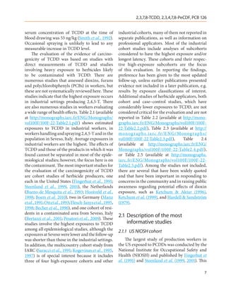 2,3,7,8-TCDD, 2,3,4,7,8-PeCDF, PCB 126


serum concentration of TCDD at the time of                   industrial cohorts, many of them not reported in
blood drawing was 53 ng/kg (Smith et al., 1992).             separate publications, as well as information on
Occasional spraying is unlikely to lead to any               professional applicators. Most of the industrial
measurable increase in TCDD level.                           cohort studies include analyses of subcohorts
    The evaluation of the evidence of carcino-               considered to have the highest exposure and/or
genicity of TCDD was based on studies with                   longest latency. These cohorts and their respec-
direct measurements of TCDD and studies                      tive high-exposure subcohorts are the focus
involving heavy exposure to herbicides likely                of this evaluation. In reporting the findings,
to be contaminated with TCDD. There are                      preference has been given to the most updated
numerous studies that assessed dioxins, furans               follow-up, unless earlier publications presented
and polychlorobiphenyls (PCBs) in workers, but               evidence not included in a later publication, e.g.
these are not systematically reviewed here. These            results by exposure classifications of interest.
studies indicate that the highest exposure occurs            Additional studies of herbicide applicators, both
in industrial settings producing 2,4,5-T. There              cohort and case–control studies, which have
are also numerous studies in workers evaluating              considerably lower exposures to TCDD, are not
a wide range of health effects. Table 2.1 (available         considered critical for the evaluation and are not
at http://monographs.iarc.fr/ENG/Monographs/                 reported in Table  2.2 (available at http://mono-
vol100F/100F-22-Table2.1.pdf) shows estimated                graphs.iarc.fr/ENG/Monographs/vol100F/100F-
exposures to TCDD in industrial workers, in                  22-Table2.2.pdf), Table  2.3 (available at http://
workers handling and spraying 2,4,5-T and in the             mono g r aph s . i a rc . f r/ E NG/ Mono g r a ph s /
population in Seveso, Italy. Average exposures in            vol100F/100F-22-Table2.3.pdf),         Table     2.4
industrial workers are the highest. The effects of           (available at http://monographs.iarc.fr/ENG/
TCDD and those of the products in which it was               Monographs/vol100F/100F-22-Table2.4.pdf ),
found cannot be separated in most of the epide-              or Table  2.5 (available at http://monographs.
miological studies; however, the focus here is on            iarc.fr/ENG/Monographs/vol100F/100F-22-
the contaminant. The most important studies for              Table2.5.pdf). Among the studies not included,
the evaluation of the carcinogenicity of TCDD                there are several that have been widely quoted
are cohort studies of herbicide producers, one               and that have been important in responding to
each in the United States (Fingerhut et al., 1991;           concerns in the community and in raising public
Steenland et al., 1999, 2001), the Netherlands               awareness regarding potential effects of dioxin
(Bueno de Mesquita et al., 1993; Hooiveld et al.,            exposure, such as Ketchum & Aktar (1996),
1998; Boers et al. 2010), two in Germany (Manz               Ketchum et al. (1999), and Hardell & Sandström
et al., 1991; Ott et al., 1993; Flesch-Janys et al., 1995,   (1979).
1998; Becher et al., 1996), and one cohort of resi-
dents in a contaminated area from Seveso, Italy
(Bertazzi et al., 2001; Pesatori et al., 2009). These
                                                             2.1	Description of the most
studies involve the highest exposures to TCDD                    informative studies
among all epidemiological studies, although the              2.1.1	 US NIOSH cohort
exposures at Seveso were lower and the follow-up
was shorter than those in the industrial settings.               The largest study of production workers in
In addition, the multicountry cohort study from              the US exposed to PCDDs was conducted by the
IARC (Saracci et al., 1991; Kogevinas et al., 1995,          National Institute for Occupational Safety and
1997) is of special interest because it includes             Health (NIOSH) and published by Fingerhut et
three of four high-exposure cohorts and other                al. (1991) and Steenland et al. (1999, 2001). This

                                                                                                                 7
 