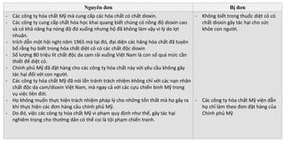 Nguyên đơn Bị đơn
- Các công ty hóa chất Mỹ mà cung cấp các hóa chất có chất dioxin.
- Các công ty cung cấp chất hóa học khai quang biết chúng có nồng độ dioxin cao
và có khả năng hạ nòng độ đó xuống nhưng hộ đã không làm vậy vì lý do lợi
nhuận.
- trích dẫn một hội nghị năm 1965 mà tại đó, đại diện các hãng hóa chất đã tuyên
bố rằng họ biết trong hóa chất diệt cỏ có các chất độc dioxin
- Số lượng 80 triệu lít chất độc da cam rải xuống Việt Nam là con số quá mức cần
thiết để diệt cỏ.
- Chính phủ Mỹ đã đặt hàng cho các công ty hóa chất này với yêu cầu không gây
tác hại đối với con người.
- Các công ty hóa chất Mỹ đã nói lẩn tránh trách nhiệm không chỉ với các nạn nhân
chất độc da cam/dioxin Việt Nam, mà ngay cả với các cựu chiến binh Mỹ trong
vụ việc liên đới.
- Họ không muốn thực hiện trách nhiệm pháp lý cho những tổn thất mà họ gây ra
khi thực hiện các đơn hàng cảu chính phủ Mỹ.
- Do đó, việc các công ty hóa chất Mỹ vi phạm quy định như thế, gây tác hại
nghiêm trọng cho thường dân có thể coi là tội phạm chiến tranh.
- Không biết trong thuốc diệt cỏ có
chất dioxin gây tác hại cho sức
khỏe con người.
- Các công ty hóa chất Mỹ viện dẫn
họ chỉ làm theo đơn đặt hàng của
Chính phủ Mỹ
 