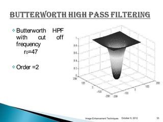  Butterworth   HPF
 with     cut    off
 frequency
    r0=47

 Order   =2




                       Image Enhancement Techniques   October 9, 2012   33
 