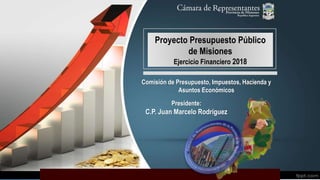 Proyecto Presupuesto Público
de Misiones
Ejercicio Financiero 2018
Presidente:
C.P. Juan Marcelo Rodríguez
Comisión de Presupuesto, Impuestos, Hacienda y
Asuntos Económicos
 