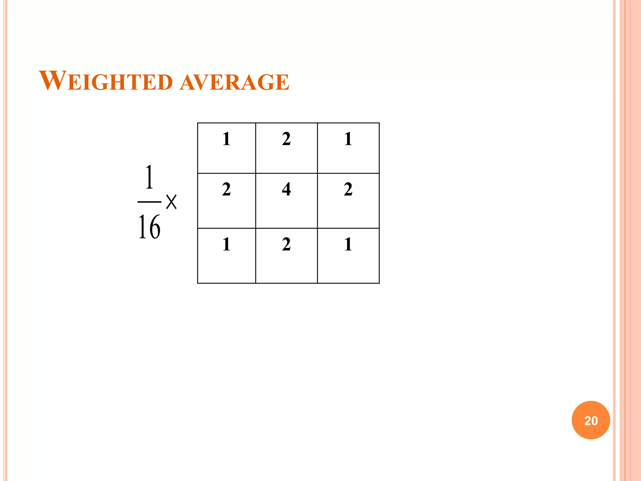 WEIGHTED AVERAGE
1 2 1
2 4 2
1 2 1

16
1
20
 