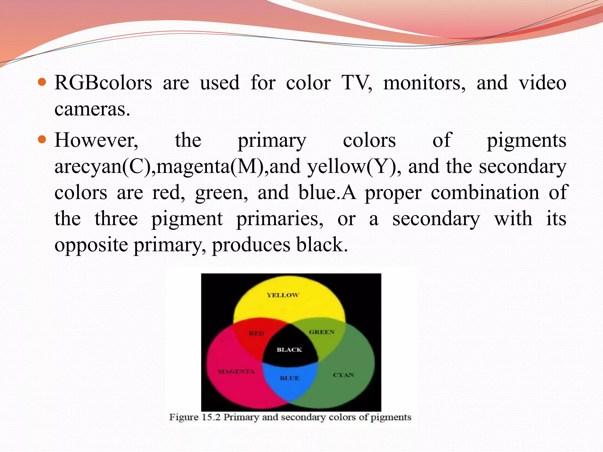  RGBcolors are used for color TV, monitors, and video
cameras.
 However, the primary colors of pigments
arecyan(C),magenta(M),and yellow(Y), and the secondary
colors are red, green, and blue.A proper combination of
the three pigment primaries, or a secondary with its
opposite primary, produces black.
 