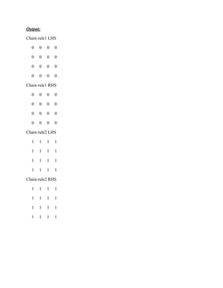 Output:
Chain rule1 LHS
0 0 0 0
0 0 0 0
0 0 0 0
0 0 0 0
Chain rule1 RHS
0 0 0 0
0 0 0 0
0 0 0 0
0 0 0 0
Chain rule2 LHS
1 1 1 1
1 1 1 1
1 1 1 1
1 1 1 1
Chain rule2 RHS
1 1 1 1
1 1 1 1
1 1 1 1
1 1 1 1
 