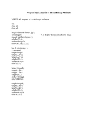 Program (1) : Extraction of different Image Attributes
%MATLAB program to extract image attributes.
clc;
clear all;
close all;
image1=imread('flowers.jpg');
size(image1) % to display dimensions of input image
image2=rgb2gray(image1);
subplot(2,2,4);
imshow(image2);
title('GRAYSCALE');
[r c d]=size(image1);
z=zeros(r,c);
tempr=image1;
tempr(:,:,2)=z;
tempr(:,:,3)=z;
subplot(2,2,1);
imshow(tempr);
title('RED');
tempg=image1;
tempg(:,:,1)=z;
tempg(:,:,3)=z;
subplot(2,2,2)
imshow(tempg);
title('GREEN');
tempb=image1;
tempb(:,:,1)=z;
tempb(:,:,2)=z;
subplot(2,2,3);
imshow(tempb);
title('BLUE');
 