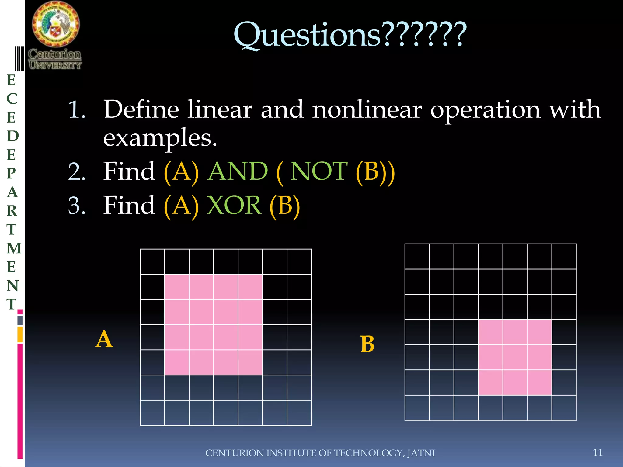Questions?????? 
1. Define linear and nonlinear operation with 
examples. 
2. Find (A) AND ( NOT (B)) 
3. Find (A) XOR (B) 
CENTURION INSTITUTE OF TECHNOLOGY, JATNI 11 
E 
C 
E 
D 
E 
P 
A 
R 
T 
M 
E 
N 
T 
A B 
