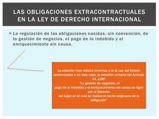  La regulación de las obligaciones nacidas, sin convención, de
la gestión de negocios, el pago de lo indebido y el
enriquecimiento sin causa.
LAS OBLIGACIONES EXTRACONTRACTUALES
EN LA LEY DE DERECHO INTERNACIONAL
La solución mas clásica tenemos a la la Ley del Estado
sentenciador o en este caso, la solución unitaria del Artículo
33. LDIP:
“La gestión de negocios, el
pago de lo indebido y el enriquecimiento sin causa se rigen
por el Derecho
del lugar en el cual se realiza el hecho originario de la
obligación”
 