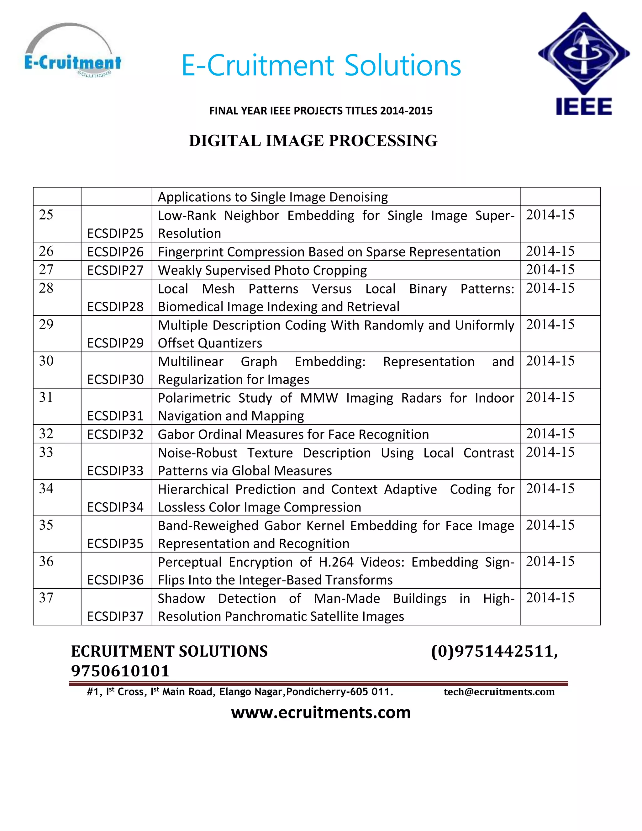E-Cruitment Solutions
FINAL YEAR IEEE PROJECTS TITLES 2014-2015
DIGITAL IMAGE PROCESSING
ECRUITMENT SOLUTIONS (0)9751442511,
9750610101
#1, Ist
Cross, Ist
Main Road, Elango Nagar,Pondicherry-605 011. tech@ecruitments.com
www.ecruitments.com
Applications to Single Image Denoising
25
ECSDIP25
Low-Rank Neighbor Embedding for Single Image Super-
Resolution
2014-15
26 ECSDIP26 Fingerprint Compression Based on Sparse Representation 2014-15
27 ECSDIP27 Weakly Supervised Photo Cropping 2014-15
28
ECSDIP28
Local Mesh Patterns Versus Local Binary Patterns:
Biomedical Image Indexing and Retrieval
2014-15
29
ECSDIP29
Multiple Description Coding With Randomly and Uniformly
Offset Quantizers
2014-15
30
ECSDIP30
Multilinear Graph Embedding: Representation and
Regularization for Images
2014-15
31
ECSDIP31
Polarimetric Study of MMW Imaging Radars for Indoor
Navigation and Mapping
2014-15
32 ECSDIP32 Gabor Ordinal Measures for Face Recognition 2014-15
33
ECSDIP33
Noise-Robust Texture Description Using Local Contrast
Patterns via Global Measures
2014-15
34
ECSDIP34
Hierarchical Prediction and Context Adaptive Coding for
Lossless Color Image Compression
2014-15
35
ECSDIP35
Band-Reweighed Gabor Kernel Embedding for Face Image
Representation and Recognition
2014-15
36
ECSDIP36
Perceptual Encryption of H.264 Videos: Embedding Sign-
Flips Into the Integer-Based Transforms
2014-15
37
ECSDIP37
Shadow Detection of Man-Made Buildings in High-
Resolution Panchromatic Satellite Images
2014-15
 