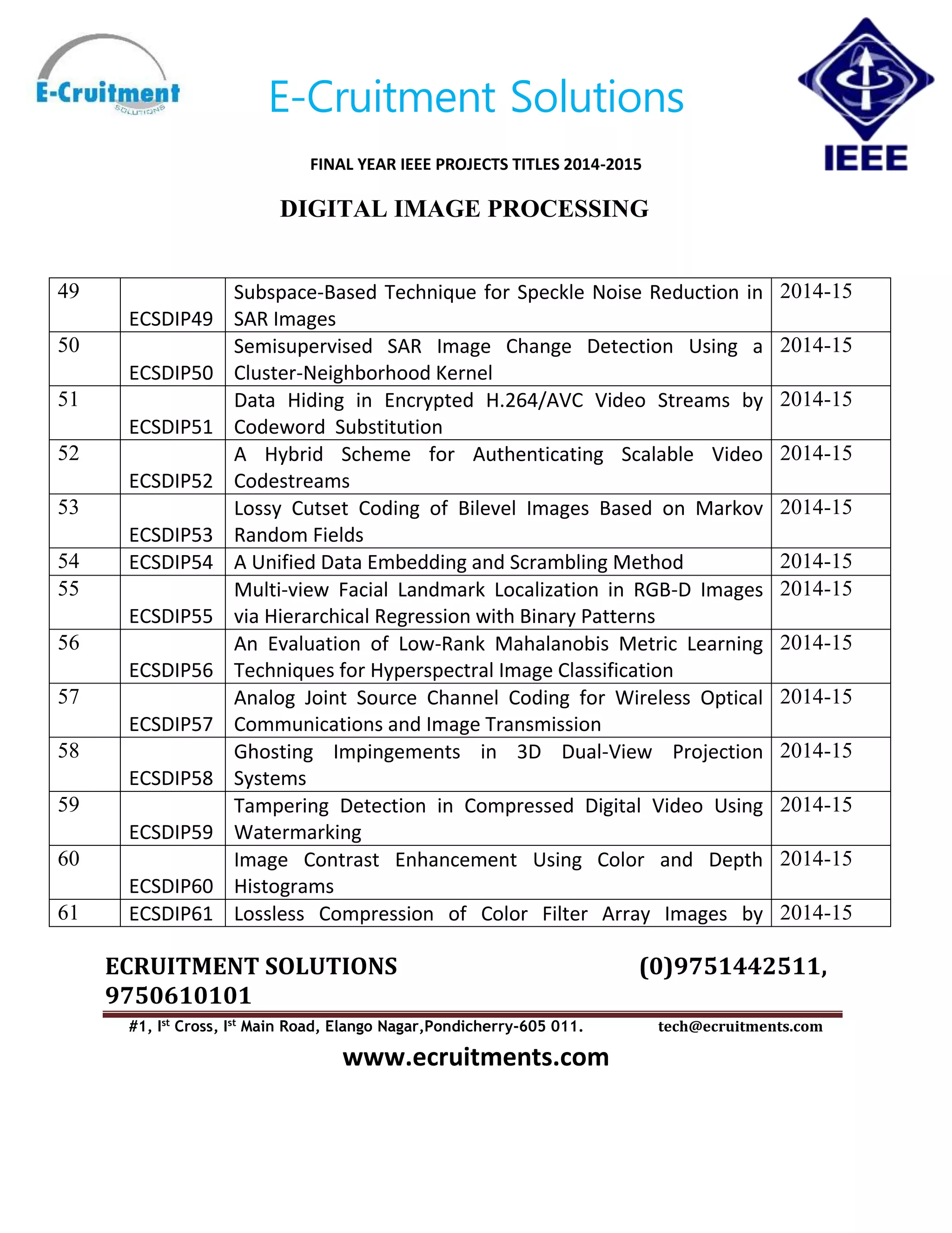E-Cruitment Solutions
FINAL YEAR IEEE PROJECTS TITLES 2014-2015
DIGITAL IMAGE PROCESSING
ECRUITMENT SOLUTIONS (0)9751442511,
9750610101
#1, Ist
Cross, Ist
Main Road, Elango Nagar,Pondicherry-605 011. tech@ecruitments.com
www.ecruitments.com
49
ECSDIP49
Subspace-Based Technique for Speckle Noise Reduction in
SAR Images
2014-15
50
ECSDIP50
Semisupervised SAR Image Change Detection Using a
Cluster-Neighborhood Kernel
2014-15
51
ECSDIP51
Data Hiding in Encrypted H.264/AVC Video Streams by
Codeword Substitution
2014-15
52
ECSDIP52
A Hybrid Scheme for Authenticating Scalable Video
Codestreams
2014-15
53
ECSDIP53
Lossy Cutset Coding of Bilevel Images Based on Markov
Random Fields
2014-15
54 ECSDIP54 A Unified Data Embedding and Scrambling Method 2014-15
55
ECSDIP55
Multi-view Facial Landmark Localization in RGB-D Images
via Hierarchical Regression with Binary Patterns
2014-15
56
ECSDIP56
An Evaluation of Low-Rank Mahalanobis Metric Learning
Techniques for Hyperspectral Image Classification
2014-15
57
ECSDIP57
Analog Joint Source Channel Coding for Wireless Optical
Communications and Image Transmission
2014-15
58
ECSDIP58
Ghosting Impingements in 3D Dual-View Projection
Systems
2014-15
59
ECSDIP59
Tampering Detection in Compressed Digital Video Using
Watermarking
2014-15
60
ECSDIP60
Image Contrast Enhancement Using Color and Depth
Histograms
2014-15
61 ECSDIP61 Lossless Compression of Color Filter Array Images by 2014-15
 