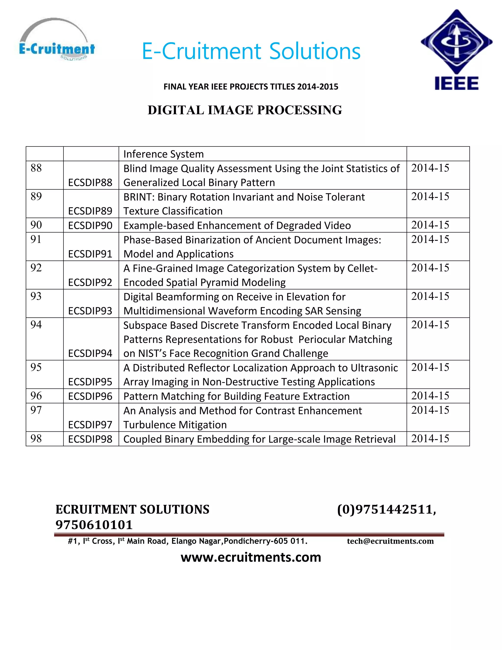 E-Cruitment Solutions
FINAL YEAR IEEE PROJECTS TITLES 2014-2015
DIGITAL IMAGE PROCESSING
ECRUITMENT SOLUTIONS (0)9751442511,
9750610101
#1, Ist
Cross, Ist
Main Road, Elango Nagar,Pondicherry-605 011. tech@ecruitments.com
www.ecruitments.com
Inference System
88
ECSDIP88
Blind Image Quality Assessment Using the Joint Statistics of
Generalized Local Binary Pattern
2014-15
89
ECSDIP89
BRINT: Binary Rotation Invariant and Noise Tolerant
Texture Classification
2014-15
90 ECSDIP90 Example-based Enhancement of Degraded Video 2014-15
91
ECSDIP91
Phase-Based Binarization of Ancient Document Images:
Model and Applications
2014-15
92
ECSDIP92
A Fine-Grained Image Categorization System by Cellet-
Encoded Spatial Pyramid Modeling
2014-15
93
ECSDIP93
Digital Beamforming on Receive in Elevation for
Multidimensional Waveform Encoding SAR Sensing
2014-15
94
ECSDIP94
Subspace Based Discrete Transform Encoded Local Binary
Patterns Representations for Robust Periocular Matching
on NIST’s Face Recognition Grand Challenge
2014-15
95
ECSDIP95
A Distributed Reflector Localization Approach to Ultrasonic
Array Imaging in Non-Destructive Testing Applications
2014-15
96 ECSDIP96 Pattern Matching for Building Feature Extraction 2014-15
97
ECSDIP97
An Analysis and Method for Contrast Enhancement
Turbulence Mitigation
2014-15
98 ECSDIP98 Coupled Binary Embedding for Large-scale Image Retrieval 2014-15
 