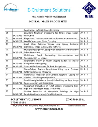 E-Cruitment Solutions
FINAL YEAR IEEE PROJECTS TITLES 2014-2015
DIGITAL IMAGE PROCESSING
ECRUITMENT SOLUTIONS (0)9751442511,
9750610101
#1, Ist
Cross, Ist
Main Road, Elango Nagar,Pondicherry-605 011. tech@ecruitments.com
www.ecruitments.com
Applications to Single Image Denoising
25
ECSDIP25
Low-Rank Neighbor Embedding for Single Image Super-
Resolution
2014-15
26 ECSDIP26 Fingerprint Compression Based on Sparse Representation 2014-15
27 ECSDIP27 Weakly Supervised Photo Cropping 2014-15
28
ECSDIP28
Local Mesh Patterns Versus Local Binary Patterns:
Biomedical Image Indexing and Retrieval
2014-15
29
ECSDIP29
Multiple Description Coding With Randomly and Uniformly
Offset Quantizers
2014-15
30
ECSDIP30
Multilinear Graph Embedding: Representation and
Regularization for Images
2014-15
31
ECSDIP31
Polarimetric Study of MMW Imaging Radars for Indoor
Navigation and Mapping
2014-15
32 ECSDIP32 Gabor Ordinal Measures for Face Recognition 2014-15
33
ECSDIP33
Noise-Robust Texture Description Using Local Contrast
Patterns via Global Measures
2014-15
34
ECSDIP34
Hierarchical Prediction and Context Adaptive Coding for
Lossless Color Image Compression
2014-15
35
ECSDIP35
Band-Reweighed Gabor Kernel Embedding for Face Image
Representation and Recognition
2014-15
36
ECSDIP36
Perceptual Encryption of H.264 Videos: Embedding Sign-
Flips Into the Integer-Based Transforms
2014-15
37
ECSDIP37
Shadow Detection of Man-Made Buildings in High-
Resolution Panchromatic Satellite Images
2014-15
 
