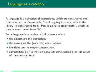 Language as a category
A language is a collection of expressions, which are constructed one
from another. In the example, “Paul is going to study math in the
library” is constructed from “Paul is going to study math”, which, in
turn, is constructed from “is”.
So, a language is a mathematical category where
the objects are the expressions
the arrows are the (concrete) constructions
identities are the empty constructions
composition g ◦f is the rule apply the construction g on the result
of the construction f
(4 of 17)
 