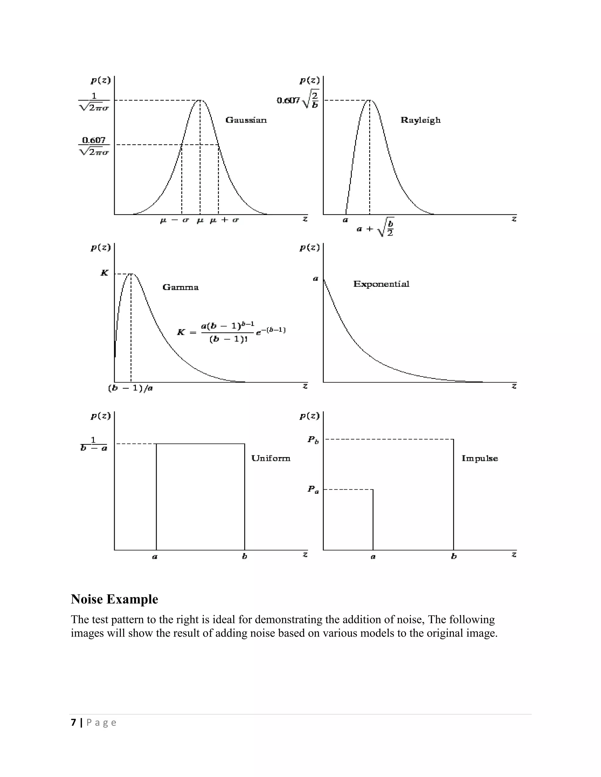 7 | P a g e
Noise Example
The test pattern to the right is ideal for demonstrating the addition of noise, The following
images will show the result of adding noise based on various models to the original image.
 