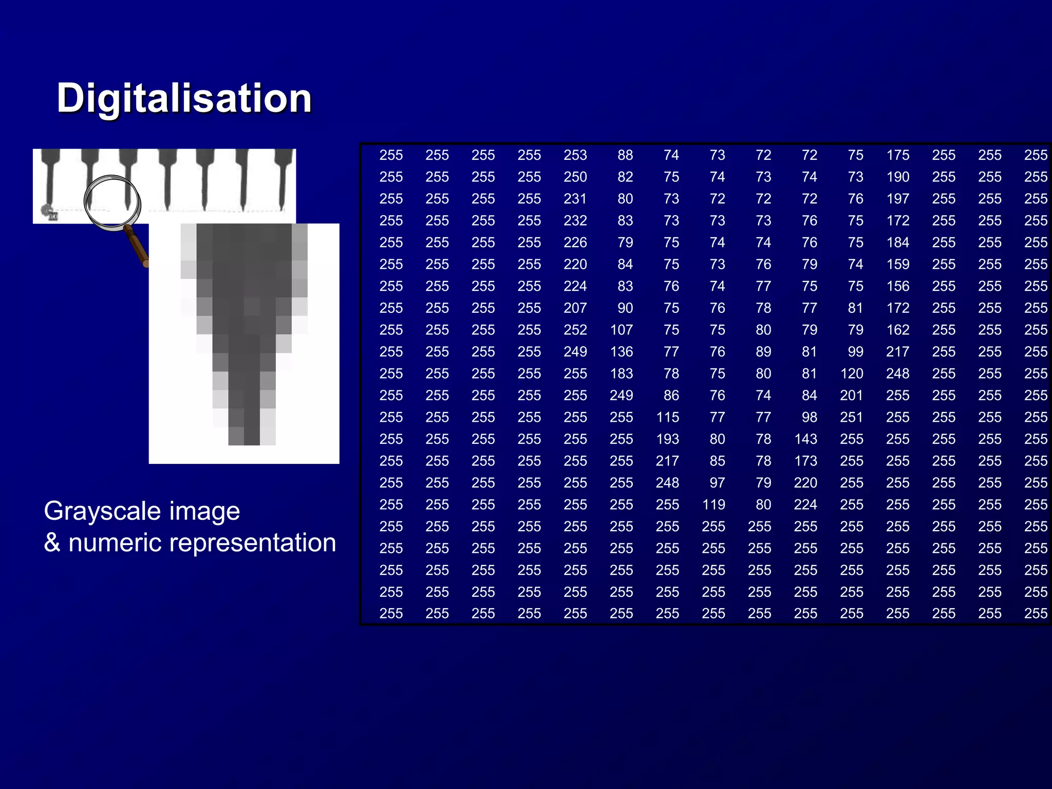 Digitalisation
Grayscale image
& numeric representation
255 255 255 255 253 88 74 73 72 72 75 175 255 255 255
255 255 255 255 250 82 75 74 73 74 73 190 255 255 255
255 255 255 255 231 80 73 72 72 72 76 197 255 255 255
255 255 255 255 232 83 73 73 73 76 75 172 255 255 255
255 255 255 255 226 79 75 74 74 76 75 184 255 255 255
255 255 255 255 220 84 75 73 76 79 74 159 255 255 255
255 255 255 255 224 83 76 74 77 75 75 156 255 255 255
255 255 255 255 207 90 75 76 78 77 81 172 255 255 255
255 255 255 255 252 107 75 75 80 79 79 162 255 255 255
255 255 255 255 249 136 77 76 89 81 99 217 255 255 255
255 255 255 255 255 183 78 75 80 81 120 248 255 255 255
255 255 255 255 255 249 86 76 74 84 201 255 255 255 255
255 255 255 255 255 255 115 77 77 98 251 255 255 255 255
255 255 255 255 255 255 193 80 78 143 255 255 255 255 255
255 255 255 255 255 255 217 85 78 173 255 255 255 255 255
255 255 255 255 255 255 248 97 79 220 255 255 255 255 255
255 255 255 255 255 255 255 119 80 224 255 255 255 255 255
255 255 255 255 255 255 255 255 255 255 255 255 255 255 255
255 255 255 255 255 255 255 255 255 255 255 255 255 255 255
255 255 255 255 255 255 255 255 255 255 255 255 255 255 255
255 255 255 255 255 255 255 255 255 255 255 255 255 255 255
255 255 255 255 255 255 255 255 255 255 255 255 255 255 255
 