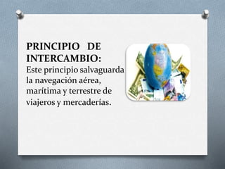 PRINCIPIO DE
INTERCAMBIO:
Este principio salvaguarda
la navegación aérea,
marítima y terrestre de
viajeros y mercaderías.