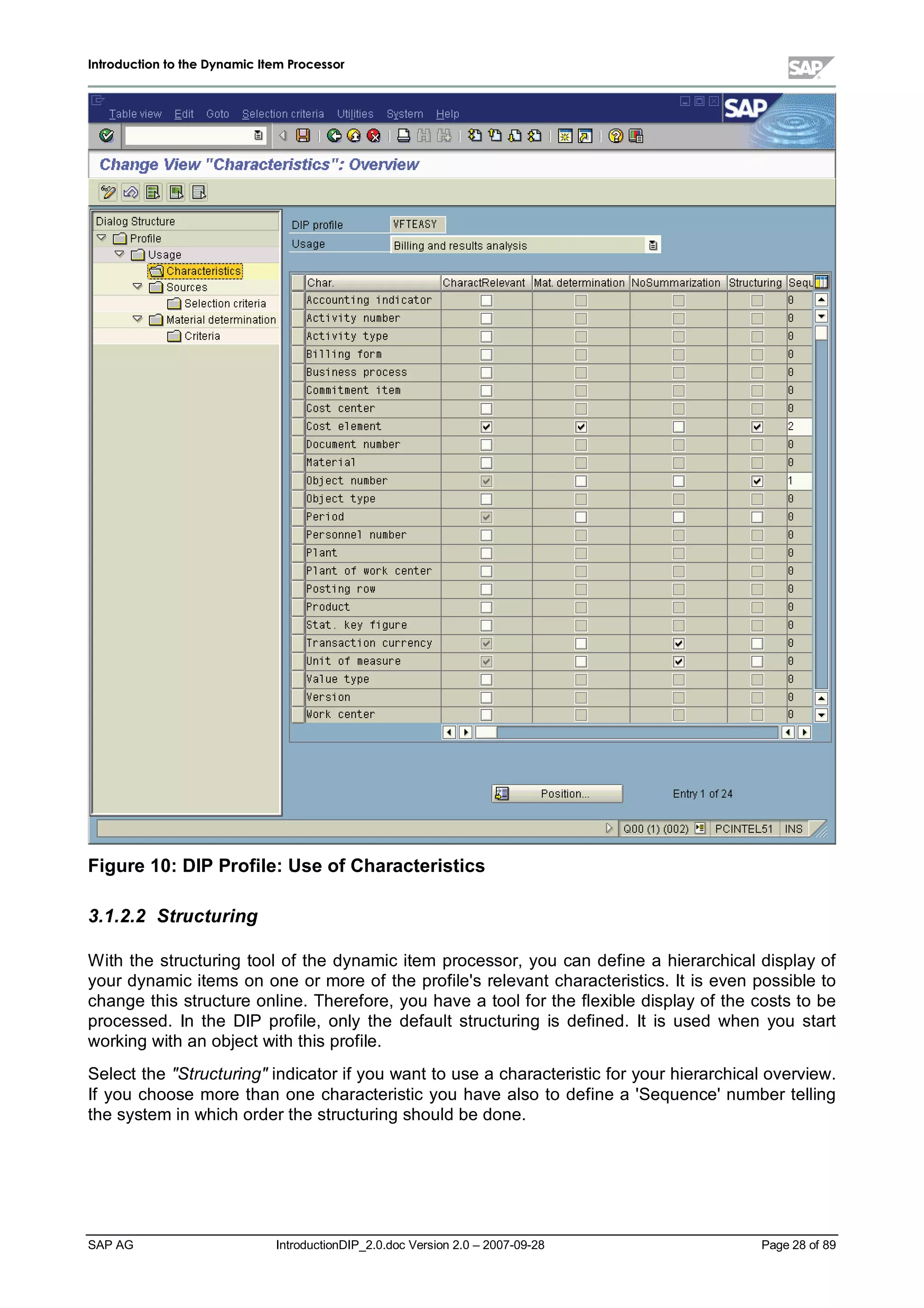 IInnttrroodduuccttiioonn ttoo tthhee DDyynnaammiicc IItteemm PPrroocceessssoorr
SAP AG IntroductionDIP_2.0.doc Version 2.0 – 2007-09-28 Page 28 of 89
Figure 10:DIP Profile:Use ofCharacteristics
3.1.2.2 Structuring
W ith the structuring toolof the dynamic item processor,you can define a hierarchicaldisplayof
your dynamic items on one or more of the profile's relevant characteristics. It is even possible to
change this structure online. Therefore,you have a toolfor the flexible displayof the costs to be
processed. In the DIP profile,only the default structuring is defined. It is used when you start
working withan object withthis profile.
Select the Structuringindicator if you want to use a characteristic for your hierarchicaloverview.
If you choose more than one characteristic you have also to define a 'Sequence'number telling
the system in whichorder the structuring should be done.
 
