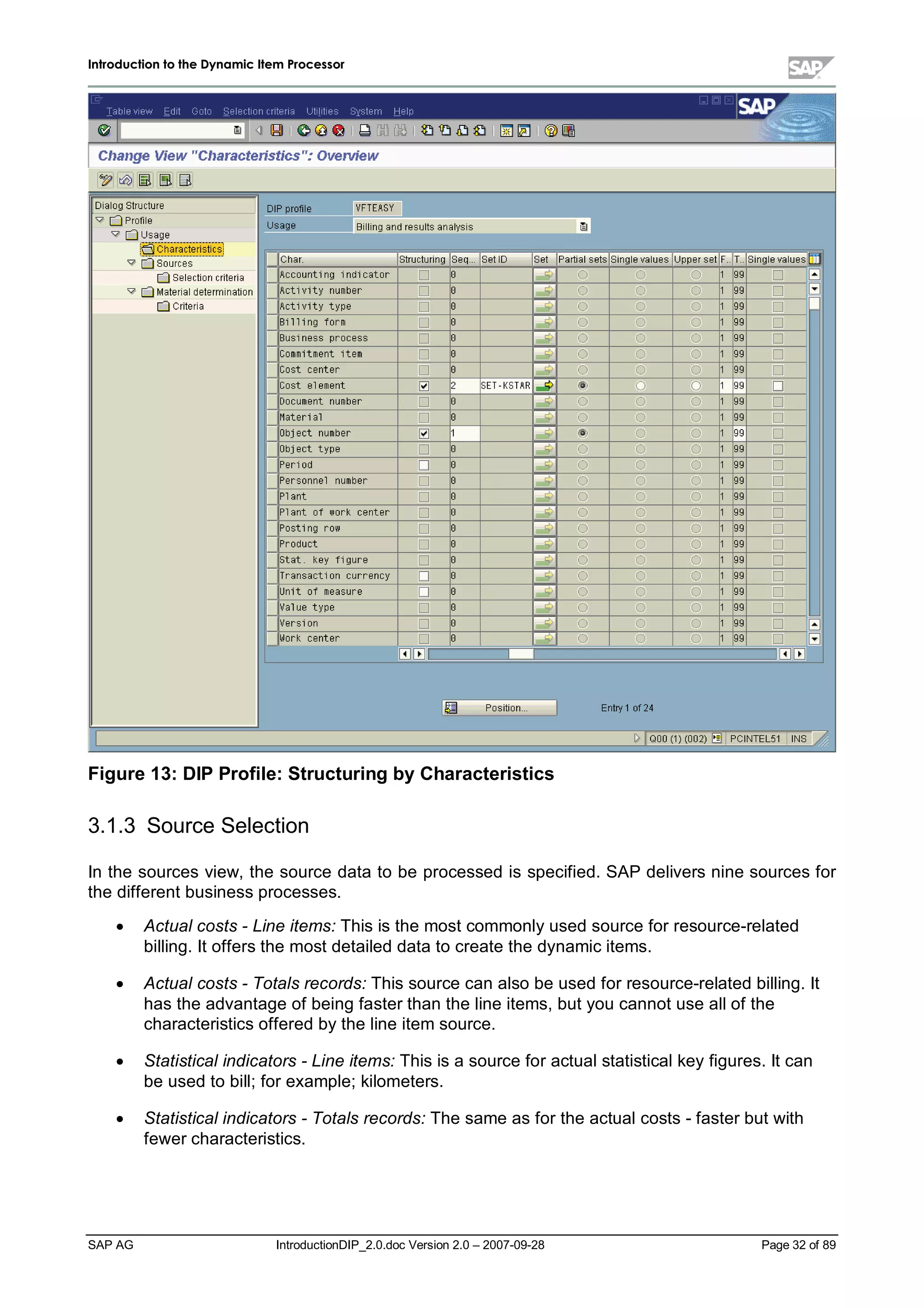IInnttrroodduuccttiioonn ttoo tthhee DDyynnaammiicc IItteemm PPrroocceessssoorr
SAP AG IntroductionDIP_2.0.doc Version 2.0 – 2007-09-28 Page 32 of 89
Figure 13:DIP Profile:StructuringbyCharacteristics
3.1.3 Source Selection
In the sources view,the source data to be processed is specified. SAP delivers nine sources for
the different business processes.
x Actual costs - Line items: This is the most commonlyused source for resource-related
billing. It offers the most detailed data to create the dynamic items.
x Actual costs - Totals records: This source can also be used for resource-related billing. It
has the advantage of being faster than the line items,but you cannot use allof the
characteristics offered bythe line item source.
x Statistical indicators - Line items: This is a source for actualstatisticalkeyfigures. It can
be used to bill;for example;kilometers.
x Statistical indicators - Totals records: The same as for the actualcosts - faster but with
fewer characteristics.
 
