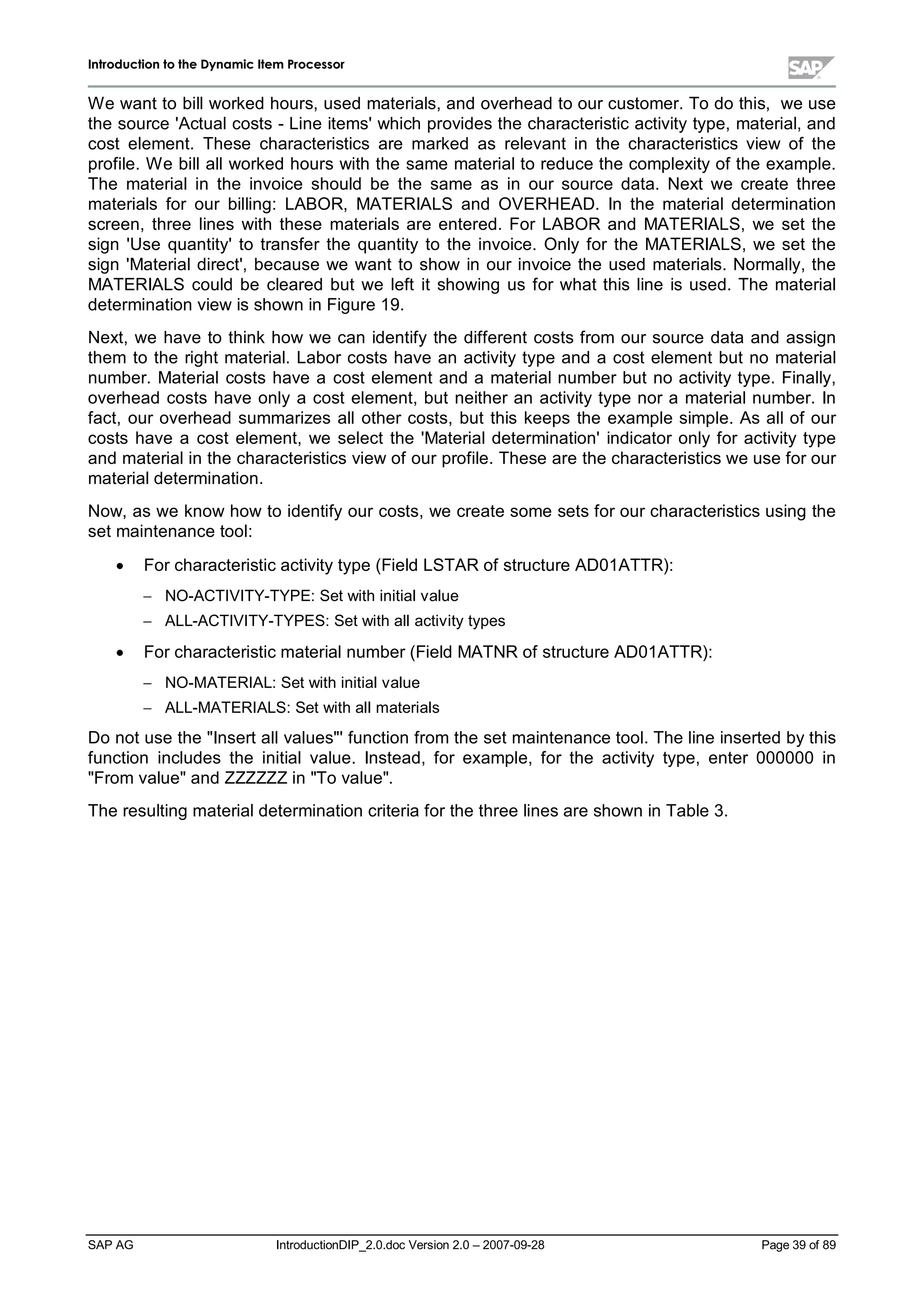 IInnttrroodduuccttiioonn ttoo tthhee DDyynnaammiicc IItteemm PPrroocceessssoorr
SAP AG IntroductionDIP_2.0.doc Version 2.0 – 2007-09-28 Page 39 of 89
W e want to billworked hours,used materials,and overhead to our customer. To do this,we use
the source 'Actualcosts - Line items'whichprovides the characteristic activitytype,material,and
cost element. These characteristics are marked as relevant in the characteristics view of the
profile. W e billallworked hours with the same materialto reduce the complexityof the example.
The materialin the invoice should be the same as in our source data. Next we create three
materials for our billing:LABOR,MATERIALS and OVERHEAD. In the materialdetermination
screen,three lines with these materials are entered. For LABOR and MATERIALS,we set the
sign 'Use quantity'to transfer the quantity to the invoice. Only for the MATERIALS,we set the
sign 'Materialdirect',because we want to show in our invoice the used materials. Normally,the
MATERIALS could be cleared but we left it showing us for what this line is used. The material
determination view is shown in Figure 19.
Next,we have to thinkhow we can identifythe different costs from our source data and assign
them to the right material. Labor costs have an activitytype and a cost element but no material
number. Materialcosts have a cost element and a materialnumber but no activitytype. Finally,
overhead costs have onlya cost element,but neither an activitytype nor a materialnumber. In
fact,our overhead summarizes allother costs,but this keeps the example simple. As allof our
costs have a cost element,we select the 'Materialdetermination'indicator onlyfor activitytype
and materialin the characteristics view of our profile. These are the characteristics we use for our
materialdetermination.
Now,as we know how to identifyour costs,we create some sets for our characteristics using the
set maintenance tool:
x For characteristic activitytype (Field LSTAR of structure AD01ATTR):
 NO-ACTIVITY-TYPE:Set withinitialvalue
 ALL-ACTIVITY-TYPES:Set withallactivitytypes
x For characteristic materialnumber (Field MATNR of structure AD01ATTR):
 NO-MATERIAL:Set withinitialvalue
 ALL-MATERIALS:Set withallmaterials
Do not use the Insert allvalues'function from the set maintenance tool. The line inserted bythis
function includes the initialvalue. Instead,for example,for the activity type,enter 000000 in
From valueand ZZZZZZin To value.
The resulting materialdetermination criteria for the three lines are shown in Table 3.
 