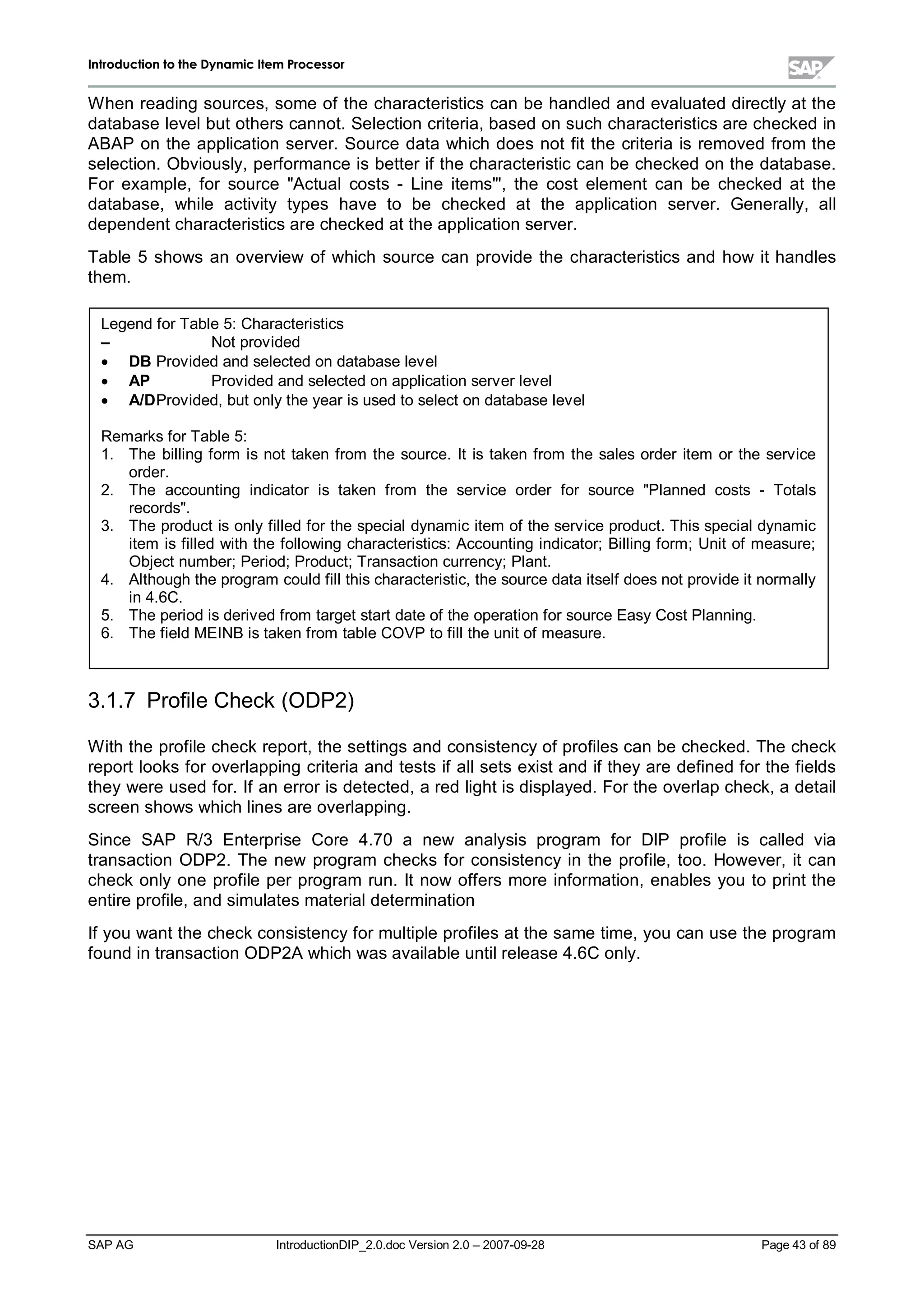IInnttrroodduuccttiioonn ttoo tthhee DDyynnaammiicc IItteemm PPrroocceessssoorr
SAP AG IntroductionDIP_2.0.doc Version 2.0 – 2007-09-28 Page 43 of 89
W hen reading sources,some of the characteristics can be handled and evaluated directlyat the
database levelbut others cannot. Selection criteria,based on suchcharacteristics are checked in
ABAP on the application server. Source data which does not fit the criteria is removed from the
selection. Obviously,performance is better if the characteristic can be checked on the database.
For example,for source Actualcosts - Line items',the cost element can be checked at the
database,while activity types have to be checked at the application server. Generally,all
dependent characteristics are checked at the application server.
Table 5 shows an overview of which source can provide the characteristics and how it handles
them.
3.1.7 Profile Check(ODP2)
W iththe profile checkreport,the settings and consistencyof profiles can be checked. The check
report looks for overlapping criteria and tests if allsets exist and if theyare defined for the fields
theywere used for. If an error is detected,a red light is displayed. For the overlapcheck,a detail
screen shows whichlines are overlapping.
Since SAP R/3 Enterprise Core 4.70 a new analysis program for DIP profile is called via
transaction ODP2. The new program checks for consistencyin the profile,too. However,it can
checkonlyone profile per program run. It now offers more information,enables you to print the
entire profile,and simulates materialdetermination
If you want the checkconsistencyfor multiple profiles at the same time,you can use the program
found in transaction ODP2A whichwas available untilrelease 4.6C only.
Legend for Table 5:Characteristics
– Not provided
x DB Provided and selected on database level
x AP Provided and selected on application server level
x A/DProvided,but onlythe year is used to select on database level
Remarks for Table 5:
1. The billing form is not taken from the source. It is taken from the sales order item or the service
order.
2. The accounting indicator is taken from the service order for source Planned costs - Totals
records.
3. The product is onlyfilled for the specialdynamic item of the service product. This specialdynamic
item is filled with the following characteristics:Accounting indicator;Billing form;Unit of measure;
Object number;Period;Product;Transaction currency;Plant.
4. Althoughthe program could fillthis characteristic,the source data itself does not provide it normally
in 4.6C.
5. The period is derived from target start date of the operation for source EasyCost Planning.
6. The field MEINB is taken from table COVP to fillthe unit of measure.
 