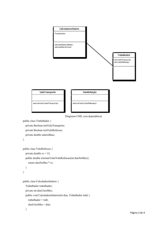 Diagrama UML com dependência.
public class Trabalhador {
    private Boolean temValeTransporte;
    private Boolean temValeRefeicao;
    private double salarioBase;
}


public class ValeRefeicao {
    private double vr = 12;
    public double retornarValorValeRefeicao(int diasNoMes){
        return diasNoMes * vr;
    }
}


public class CalculadoraSalario {
    Trabalhador trabalhador;
    private int diasUteisMes;
    public void CalculadoraSalario(int dias, Trabalhador trab) {
        trabalhador = trab;
        diasUteisMes = dias;
    }
                                                                         Página 2 de 4
 