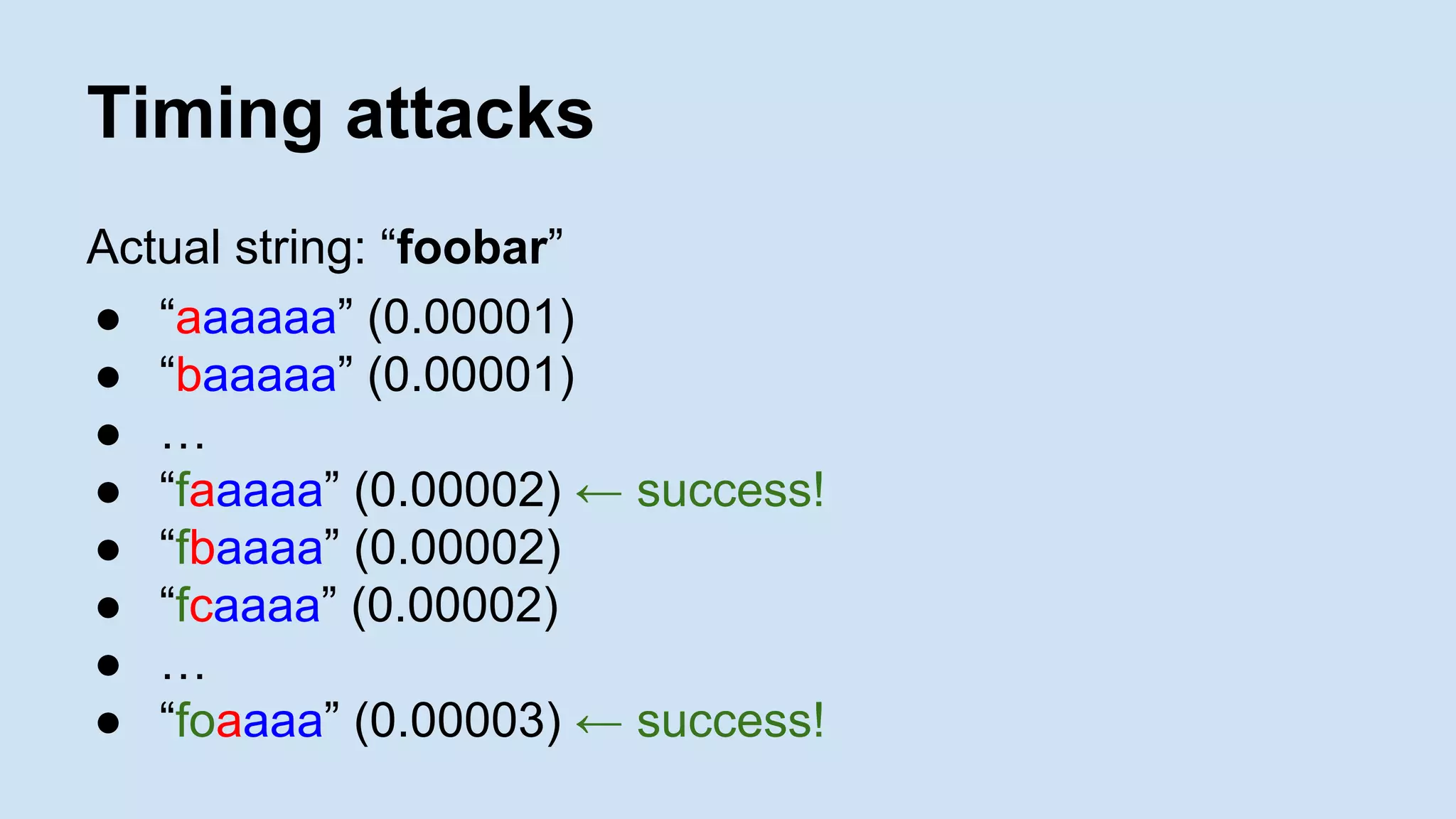 Timing attacks
Actual string: “foobar”
● “aaaaaa” (0.00001)
● “baaaaa” (0.00001)
● …
● “faaaaa” (0.00002) ← success!
● “fbaaaa” (0.00002)
● “fcaaaa” (0.00002)
● …
● “foaaaa” (0.00003) ← success!
 