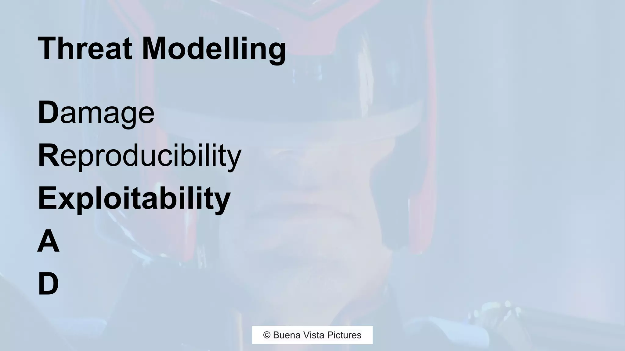 Threat Modelling
Damage
Reproducibility
Exploitability
A
D
© Buena Vista Pictures
 