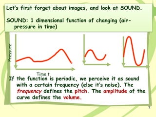 7
Let’s first forget about images, and look at SOUND.
SOUND: 1 dimensional function of changing (air-
pressure in time)
Pressure
Time t
If the function is periodic, we perceive it as sound
with a certain frequency (else it’s noise). The
frequency defines the pitch. The amplitude of the
curve defines the volume.
 