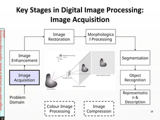 Image
Acquisition
Image
Restoration
Morphologica
l Processing
Segmentation
Representatio
n &
Description
Image
Enhancement
Object
Recognition
Problem
Domain
Colour Image
Processing
Image
Compression
Images
taken
from
Gonzalez
&
Woods,
Digital
Image
Processing
(2002)
28
Key Stages in Digital Image Processing:
Image Acquisition
 
