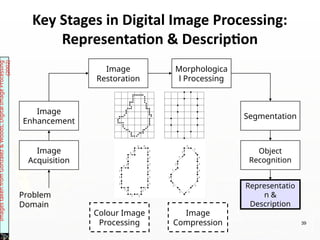 Key Stages in Digital Image Processing:
Representation & Description
Image
Acquisition
Image
Restoration
Morphologica
l Processing
Segmentation
Representatio
n &
Description
Image
Enhancement
Object
Recognition
Problem
Domain
Colour Image
Processing
Image
Compression
Images
taken
from
Gonzalez
&
Woods,
Digital
Image
Processing
(2002)
39
 