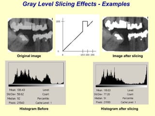 Gray Level Slicing Effects - Examples

Original image

Histogram Before

Image after slicing

Histogram after slicing

 