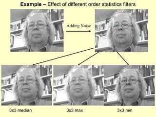 Example – Effect of different order statistics filters

Adding Noise

3x3 median

3x3 max

3x3 min

 