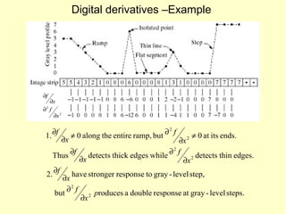 Digital derivatives –Example

∂f

∂x
∂ f
∂x 2
2

1. ∂f

∂2 f
≠ 0 along the entire ramp, but

≠ 0 at its ends.
∂x 2
∂f
∂2 f
Thus
detects thick edges while
detects thin edges.
∂x
∂x 2
2. ∂f
have stronger response to gray - level step,
∂x
∂2 f
but
produces a double response at gray - level steps.
∂x 2
∂x

 