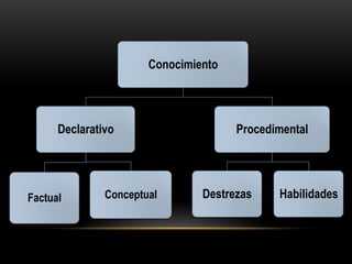 Conocimiento




      Declarativo                     Procedimental




Factual        Conceptual       Destrezas    Habilidades
 