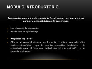 MÓDULO INTRODUCTORIO

    Entrenamiento para la potenciación de la estructural neuronal y mental
                 para fortalecer habilidades de aprendizaje.


o Los pilares de la educación.
o Habilidades de aprendizaje.


•     Propósito específico
•     Ofrecer al personal docente en formación continua una alternativa
      teórico-metodológica   que le permita consolidar habilidades       de
      aprendizaje para el desarrollo cerebral integral y su aplicación en el
      ejercicio profesional.
 