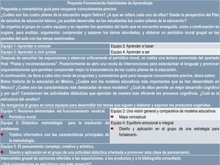 Proyecto Favoreciendo Habilidades de Aprendizaje
Preguntas y comentarios guía para recuperar conocimientos previos:
¿Cuáles son los cuatro pilares de la educación según Delors? ¿A qué se refiere cada uno de ellos? Desde la perspectiva del Plan
de estudios de educación básica ¿es posible desarrollar en los estudiantes los cuatro pilares de la educación?
Se organiza el grupo en cuatro equipos y se reparten los apartados del texto que se encuentra enseguida, como a continuación se
sugiere, para analizar, argumentar, comprender y exponer los temas abordados, y elaborar un periódico mural grupal en las
paredes del aula con los temas examinados.
Equipo 1: Aprender a conocer                                       Equipo 2: Aprender a hacer
Equipo 3: Aprender a vivir juntos                                  Equipo 4: Aprender a ser
Después de escuchar las exposiciones y observar críticamente el periódico mural, se realiza una lectura comentada del apartado
final “Pistas y recomendaciones”. Posteriormente se abre una ronda de intervenciones para estandarizar el lenguaje y promover
argumentaciones que permitan comprender mejor la trascendencia de los cuatro pilares de la educación.
A continuación, se lleva a cabo otra ronda de preguntas y comentarios guía para recuperar conocimientos previos, ahora sobre:
Breve historia de la educación en México. ¿Cuáles son los modelos educativos más importantes que se han desarrollado en
México? ¿Cuáles son las características más destacadas de esos modelos? ¿Cuál de ellos permite un mejor desarrollo cognitivo
y por qué? Caractericen las actividades didácticas que ejercitan de manera más eficiente los procesos cognitivos. ¿Cuál es la
estructura del cerebro?
Se reorganiza al grupo en cinco equipos para desarrollar los temas que siguen y elaborar y exponer los productos sugeridos.
Equipo 1: Nociones elementales del funcionamiento cerebral. Equipo 2: Una visión general y comparativa de modelos educativos.
      Periódico mural.                                                  Mapa conceptual
Equipo 3: Didáctica: metodología para la resolución de Equipo 4: Equilibrio emocional e integral.
problemas.                                                              Diseño y aplicación en el grupo de una estrategia para
      Tríptico informativo con las características principales de       fortalecerlo.
      la metodología.
Equipo 5: El pensamiento complejo, creativo y artístico.
      Diseño y aplicación en el grupo de una actividad didáctica orientada a promover esta clase de pensamiento.
Intercambio grupal de opiniones referidas a las exposiciones, a los productos y a la bibliografía consultada.
 